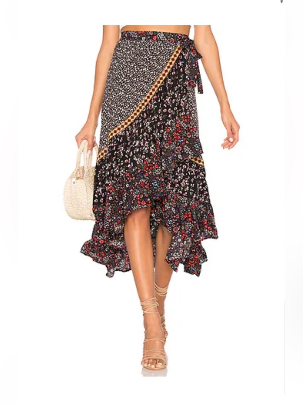 Free People Esmeralda Printed Skirt Floral Wrap Maxi Skirt with Gold Trim Sz 4